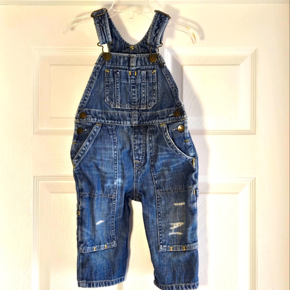 Babygap 1969 Denim Overalls Size  12-18 M‎ Distressed Snap Leg Opening Jeans Gap